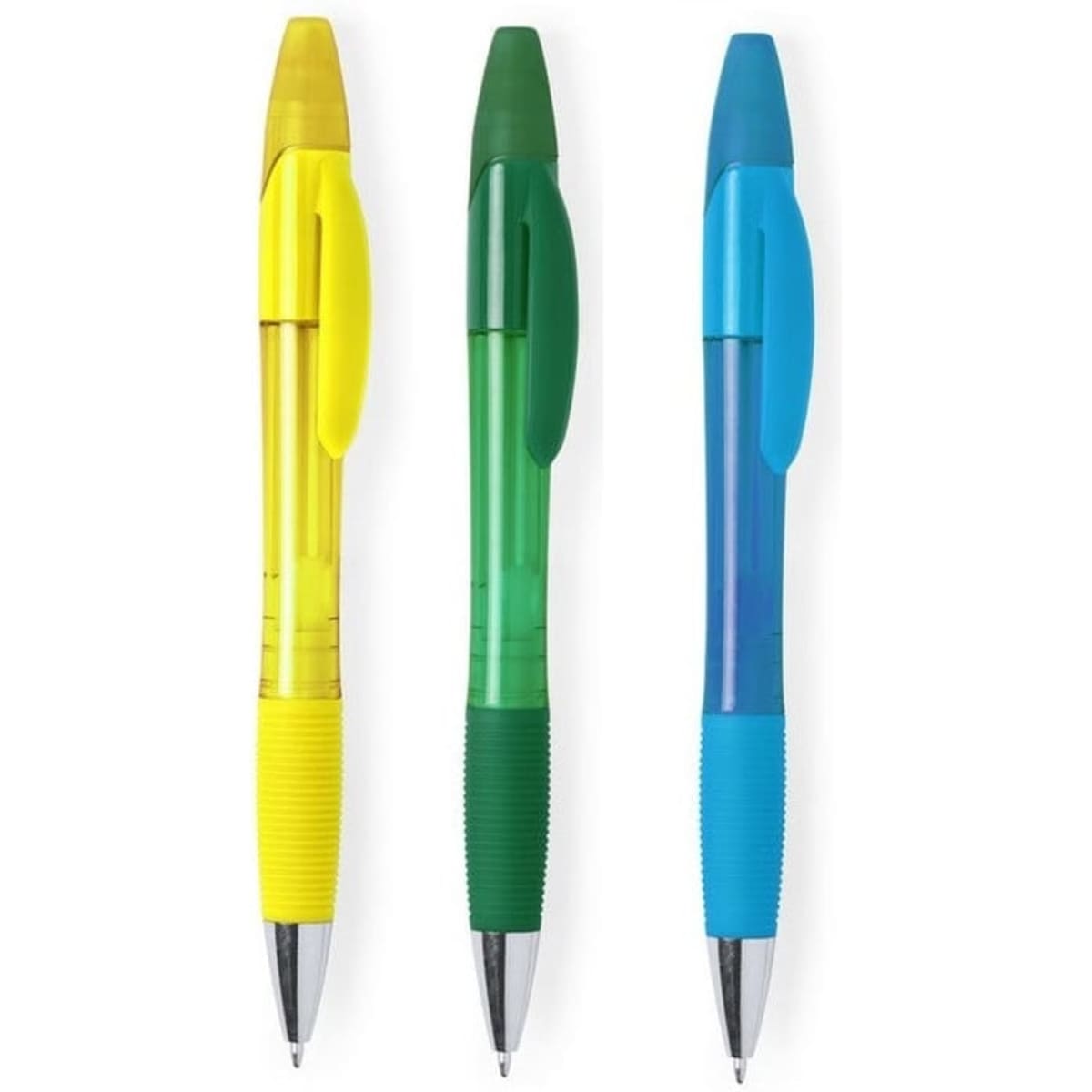 A set of three ballpoint pens in yellow, green, and blue, each with a transparent barrel and grip.