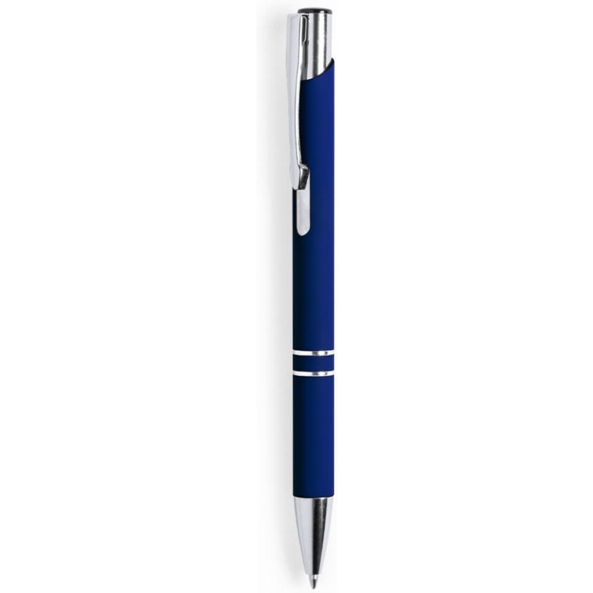 A blue pen with a chrome clip and silver accents, featuring a sleek design.
