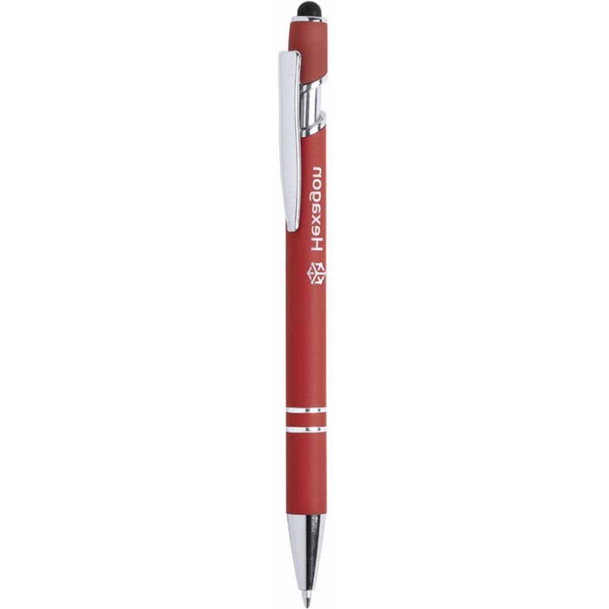 A red pen with a sleek design, featuring a chrome clip and accents, and a branding logo on the barrel.