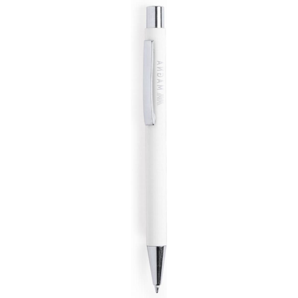 A white pen with a silver clip and a shiny metallic tip, featuring a simple design.