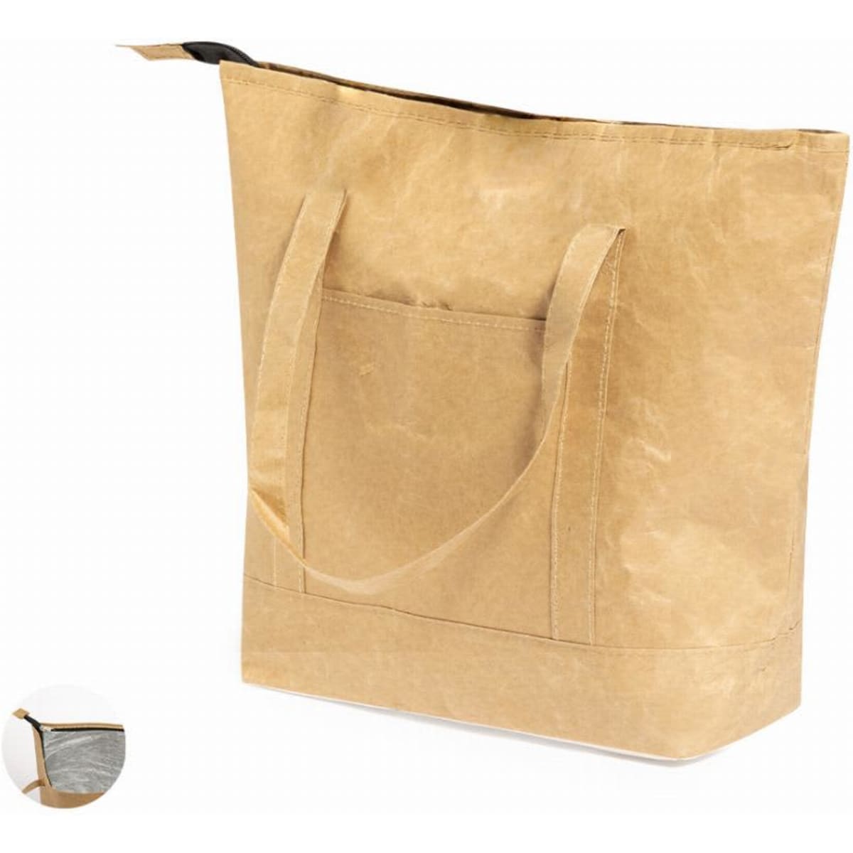 A tote bag in a natural beige colour with a front pocket and dual handles. It has a zippered top closure.