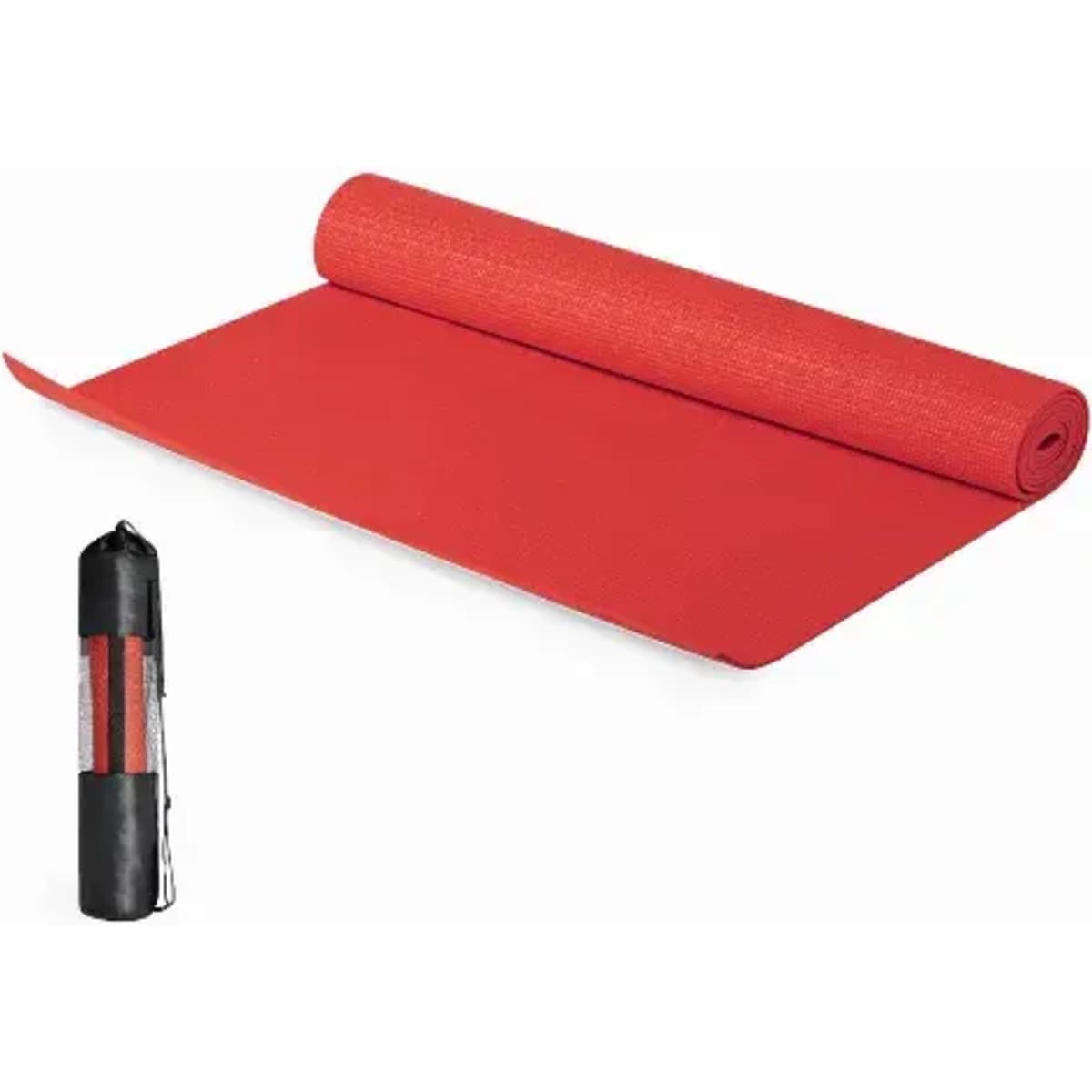 A red yoga mat rolled out beside a black carry bag. The mat features a textured surface for grip.
