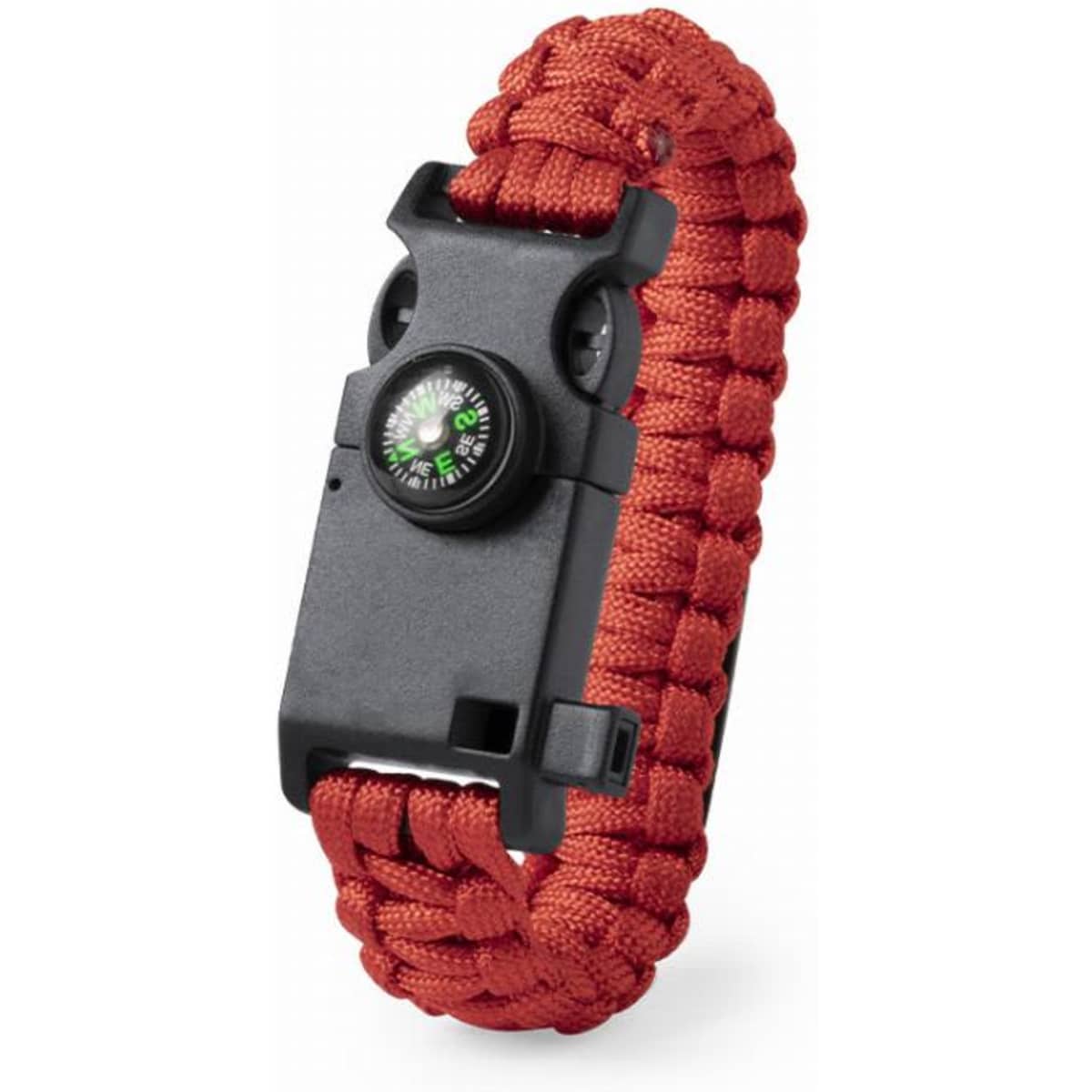 A survival bracelet featuring a red paracord design and a built-in compass. It has a secure buckle closure.