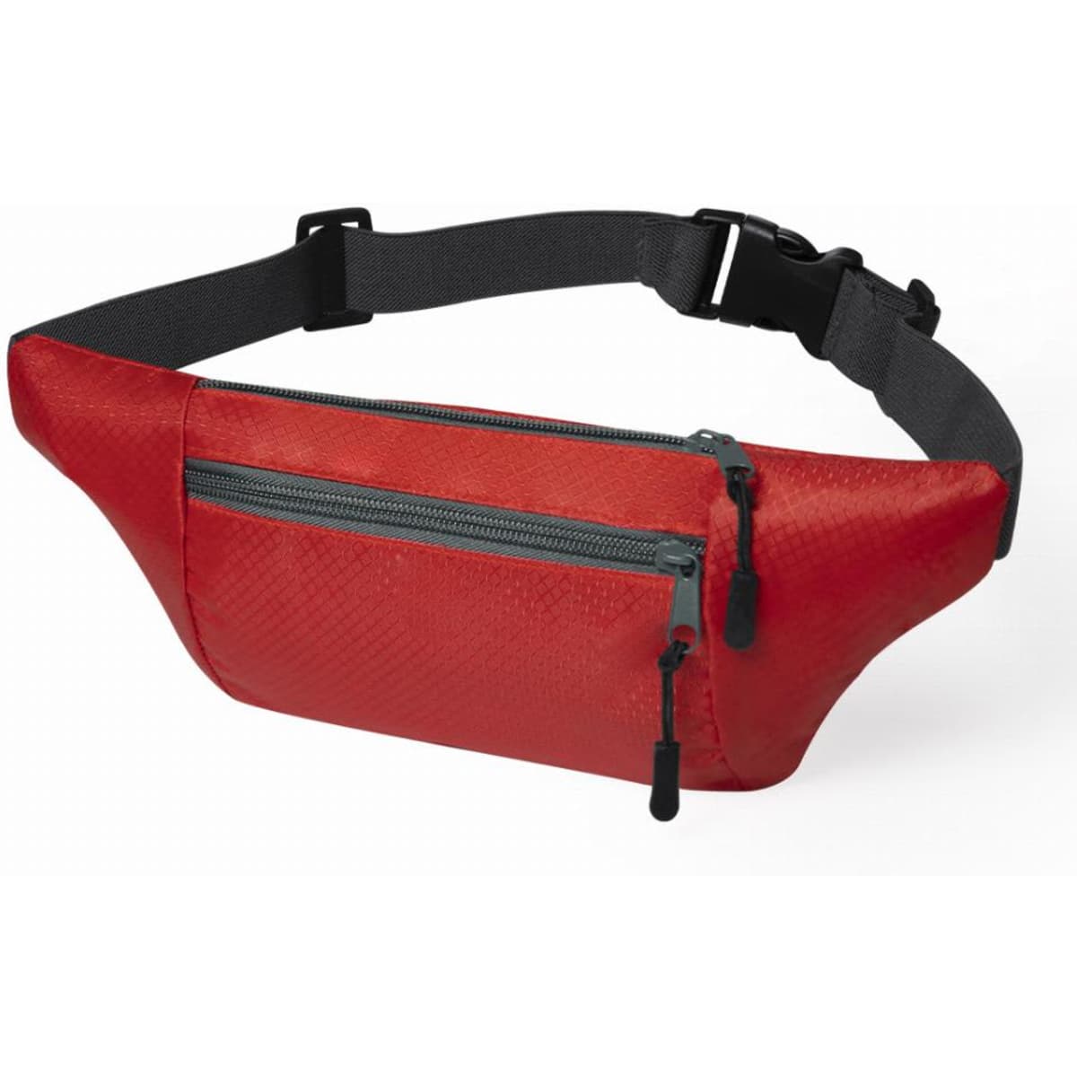 A red waist bag with a black adjustable strap and two zippered pockets. It has a sleek, modern design.