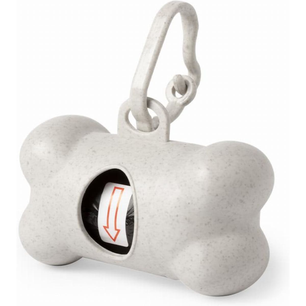 A grey pet waste bag dispenser shaped like a bone, featuring a clip for attachment and an opening for bags.