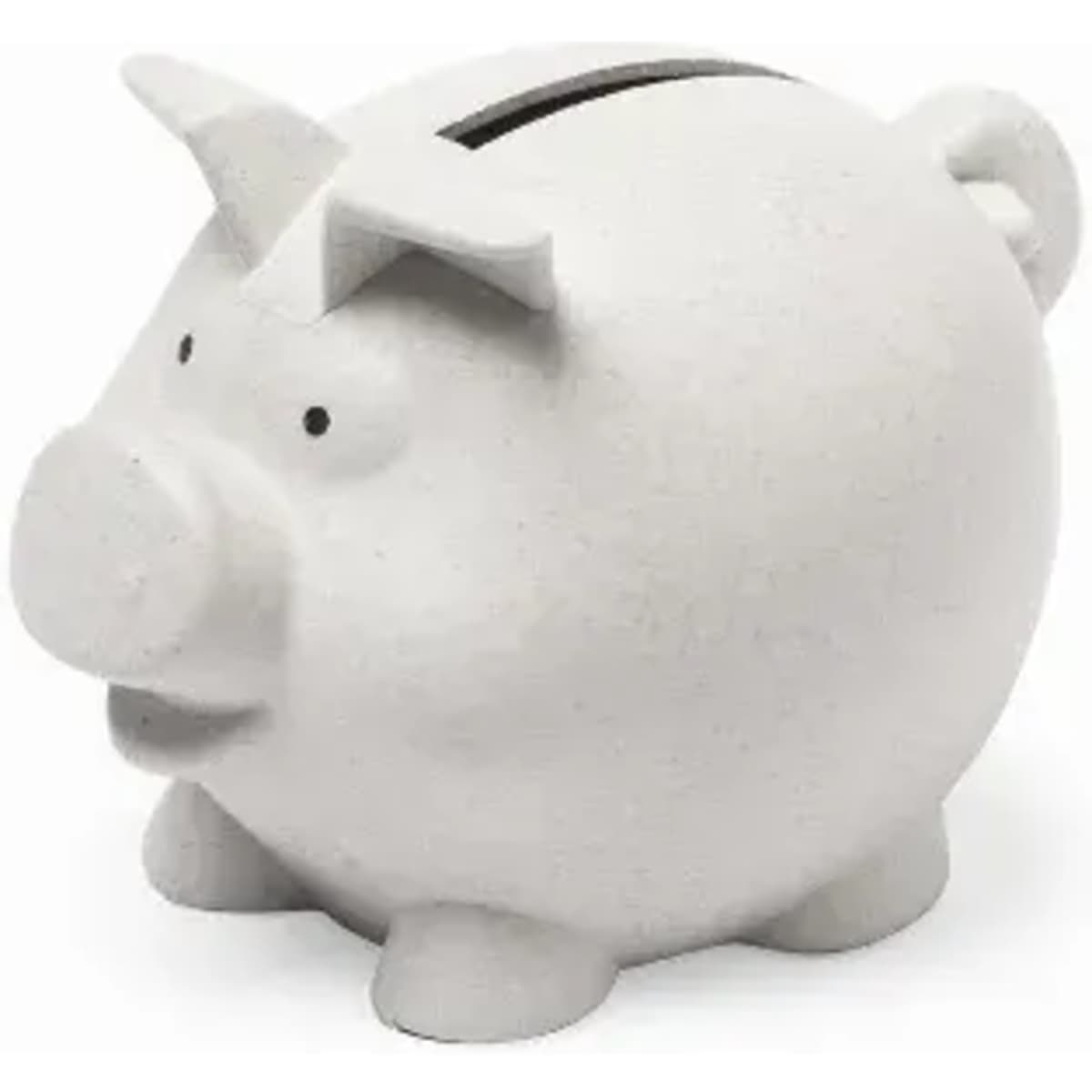 A white piggy bank with a slot for coins and small eyes, featuring a rounded shape and a snout.