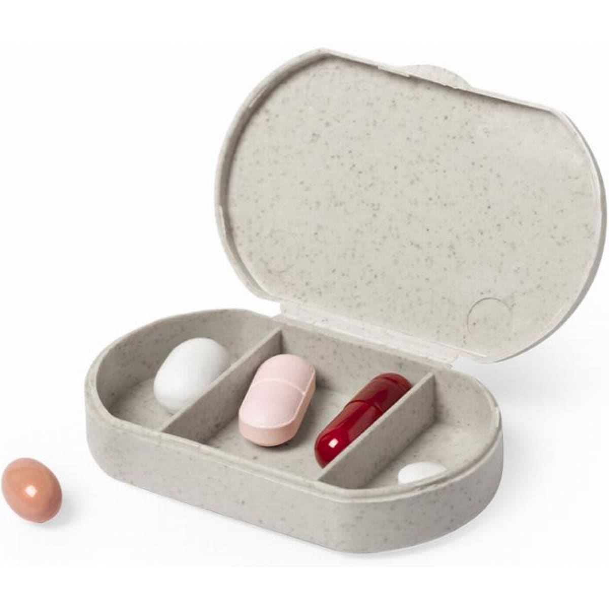 A pill organiser with four compartments, featuring a grey exterior and various coloured capsules inside.