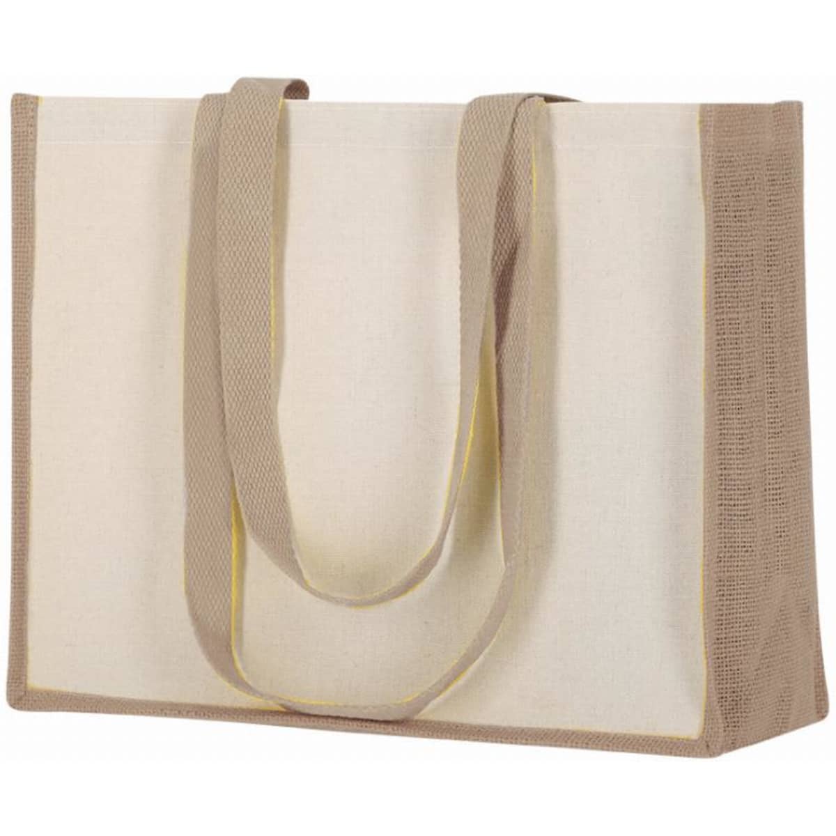 A tote bag featuring a cream and beige design with sturdy handles and an interior lining. It has a logo.