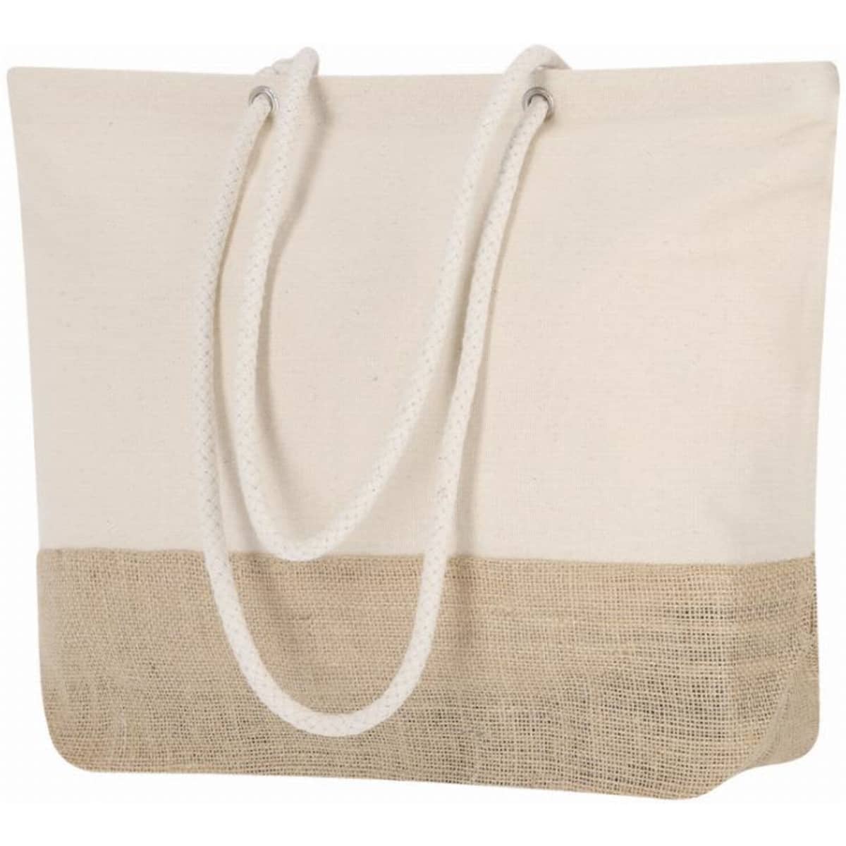 A tote bag featuring a cream upper section and a natural jute lower section with braided handles.