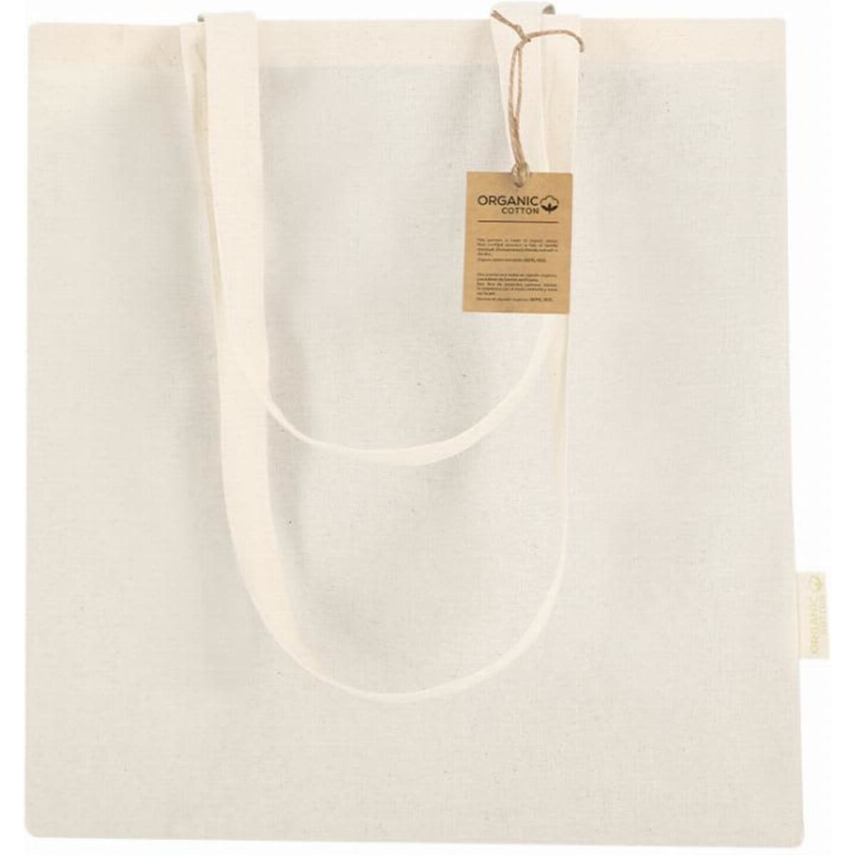 A tote bag in natural off-white fabric with two handles and a tag attached.