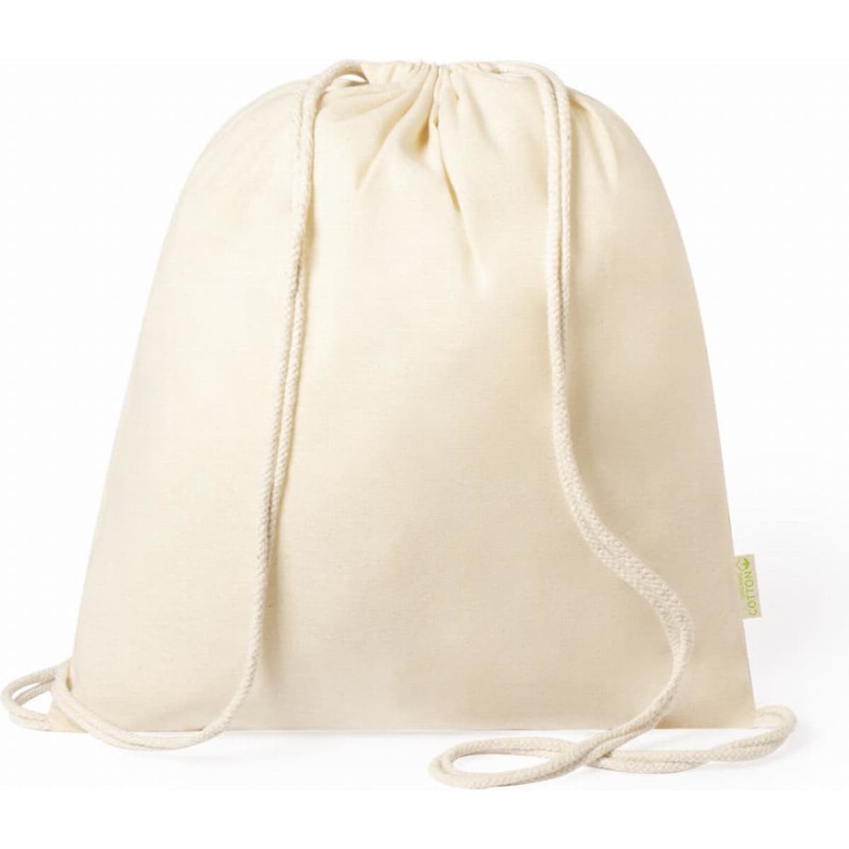 A drawstring bag in a light cream colour with a textured surface and two straps for closure.