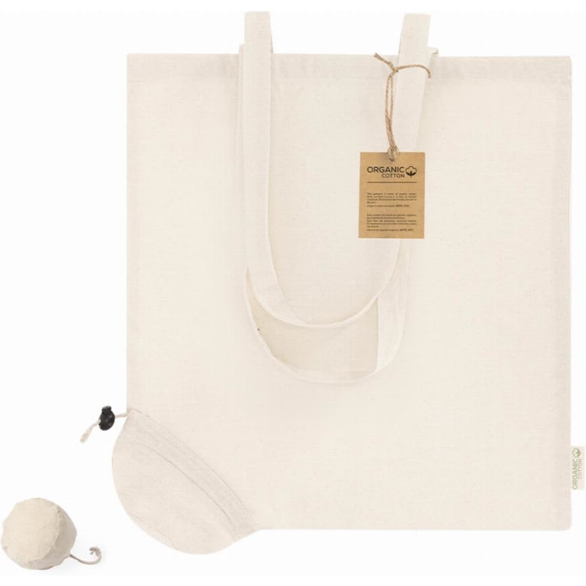 A cotton tote bag in natural beige with long handles and a compact pouch for storage. It features a branding tag.