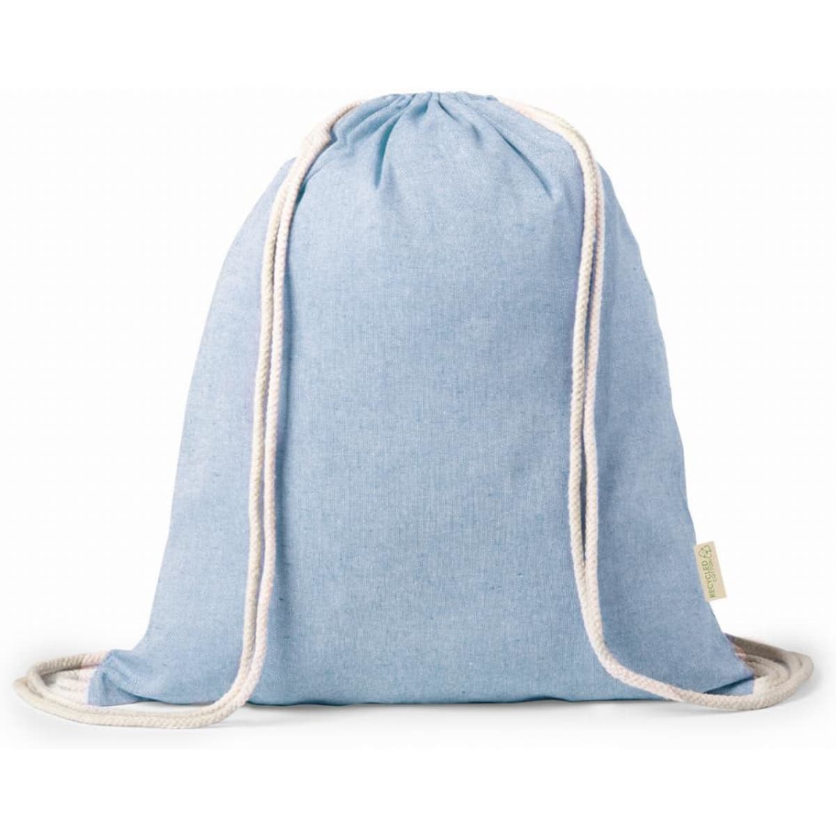 A drawstring bag in light blue fabric with cream-coloured straps, featuring a simple and casual design.