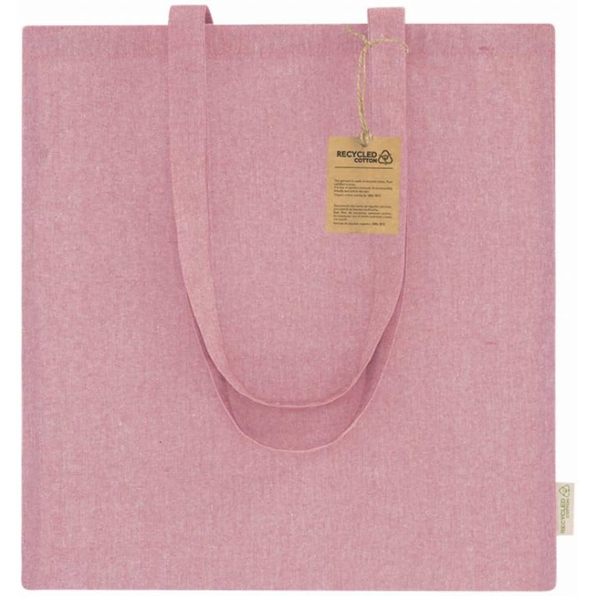 A reusable tote bag in pink with two handles and a tag indicating recycled materials.