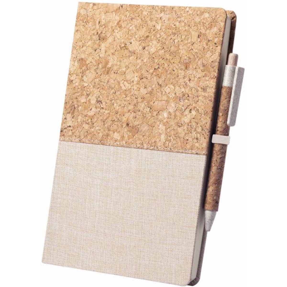 A notebook with a cork cover and a beige fabric lower section, accompanied by a cork pen attached.