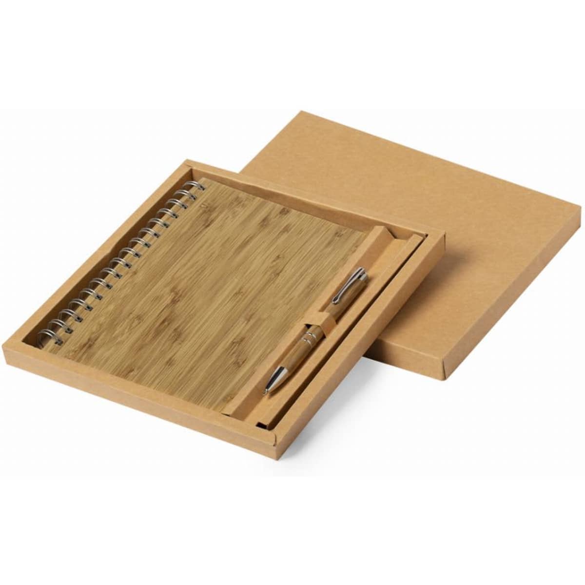 A notebook with a bamboo cover and a pen, packaged in a cardboard box. The set features a spiral binding.