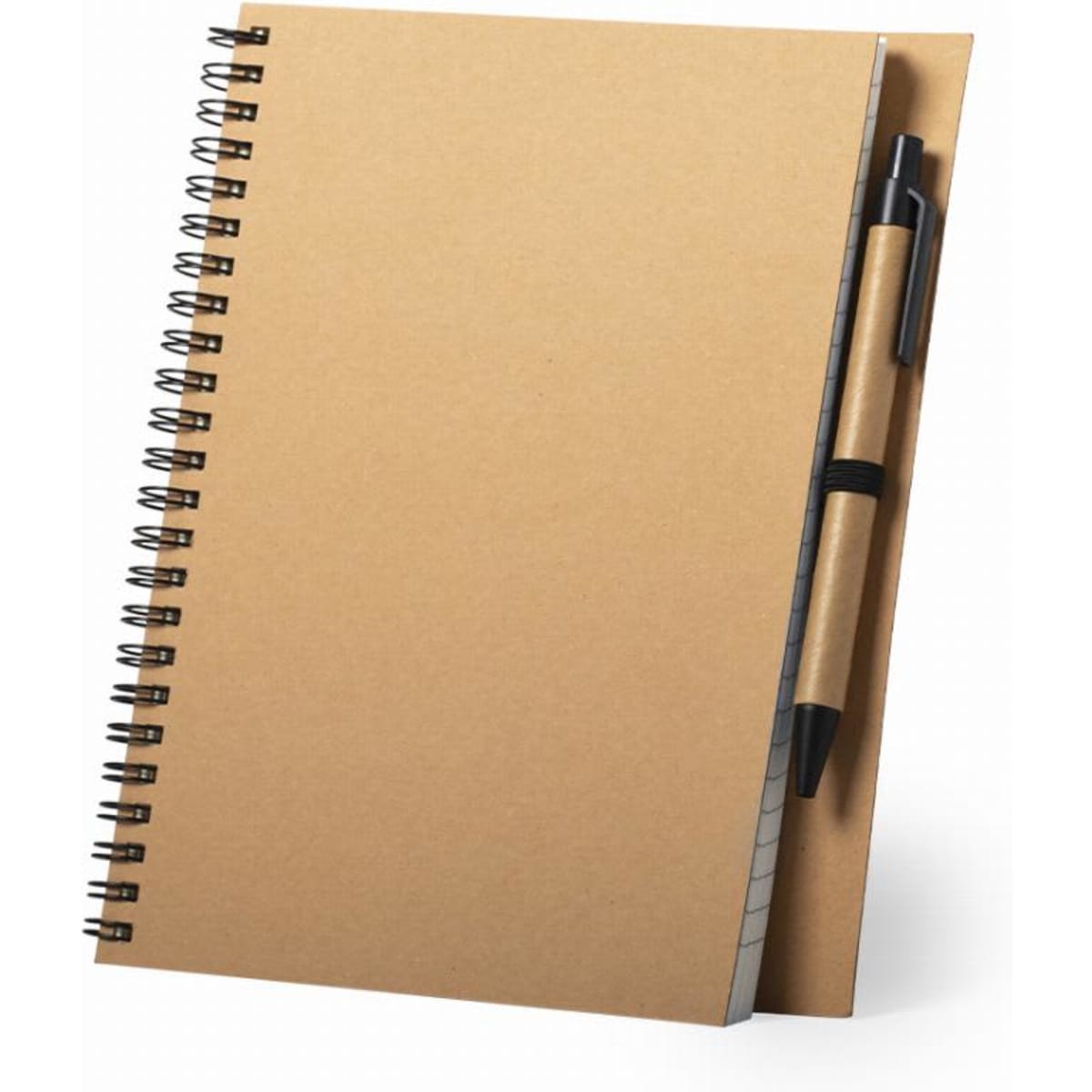 A notebook with a brown cardboard cover, spiral binding, and a pen attached to the side.