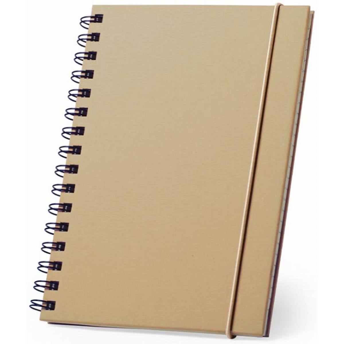 A spiral-bound notebook with a kraft paper cover and an elastic band in a neutral brown colour.