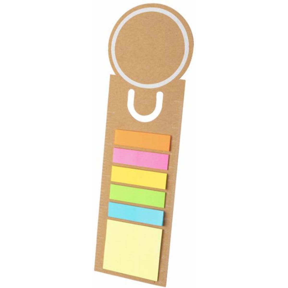 A pack of sticky notes in various colours, presented on a cardboard holder with a circular cutout at the top.