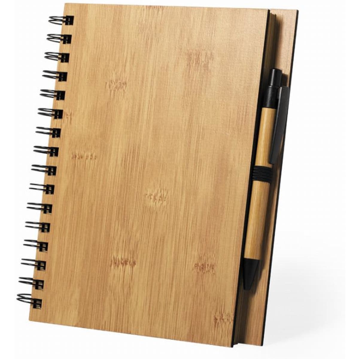 A bamboo notebook with a spiral binding, featuring a pen attached to the side. The cover is textured and natural in colour.