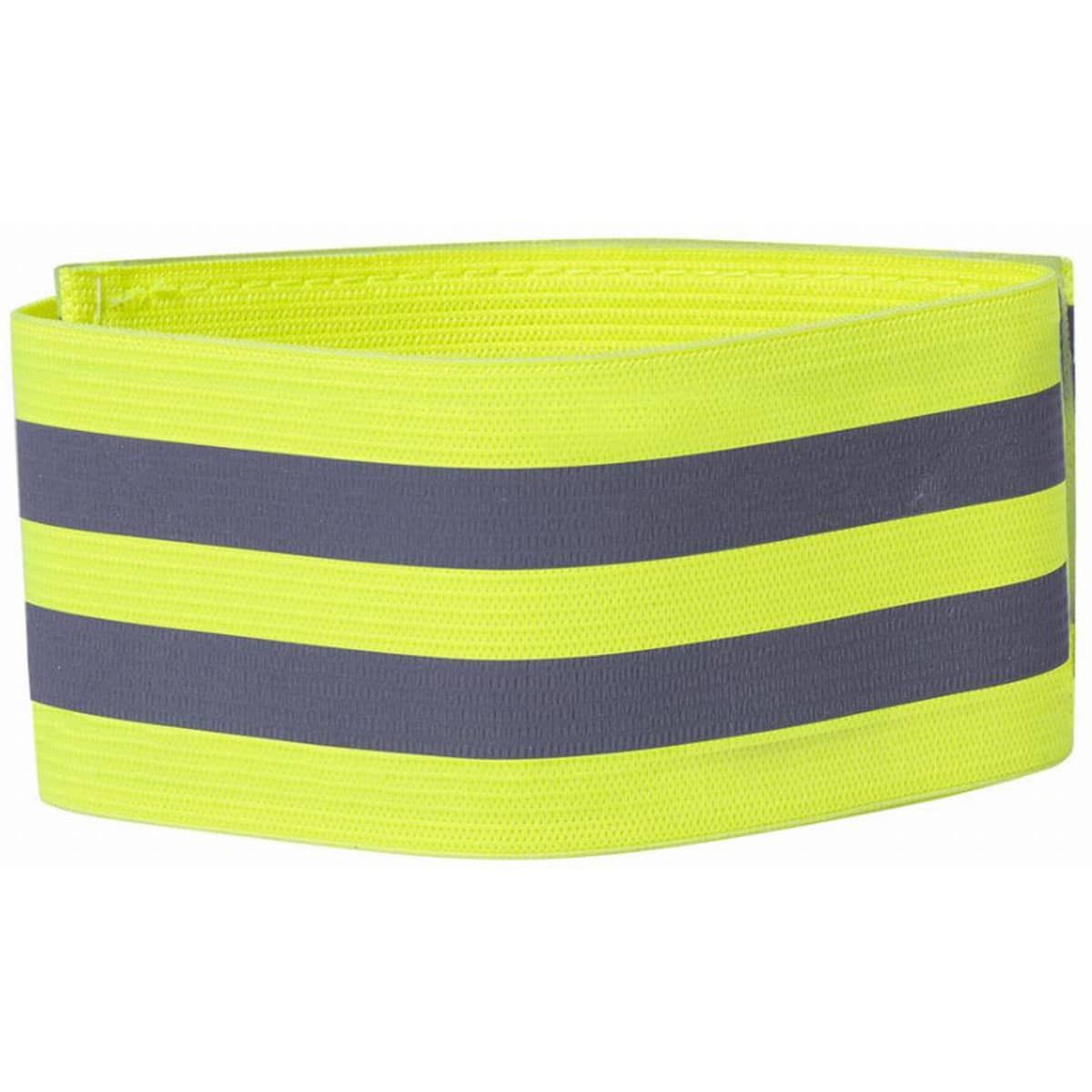 A reflective safety belt in bright yellow with grey stripes, designed for visibility. It features a secure fastening.