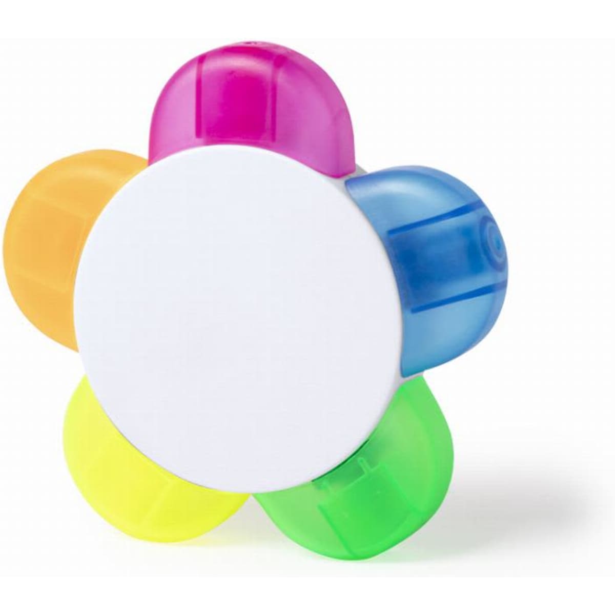 A multi-coloured flower-shaped container with purple, orange, blue, and green sections, featuring a white centre.