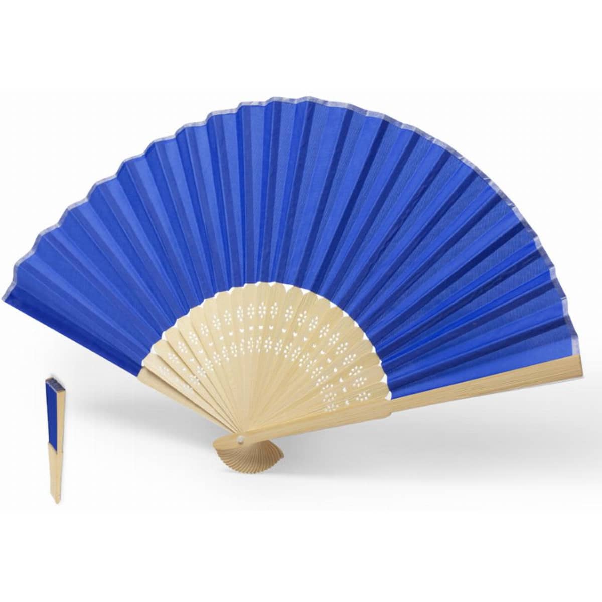 A decorative folding fan featuring a blue fabric face and a natural wooden frame. The design includes intricate cut-outs.