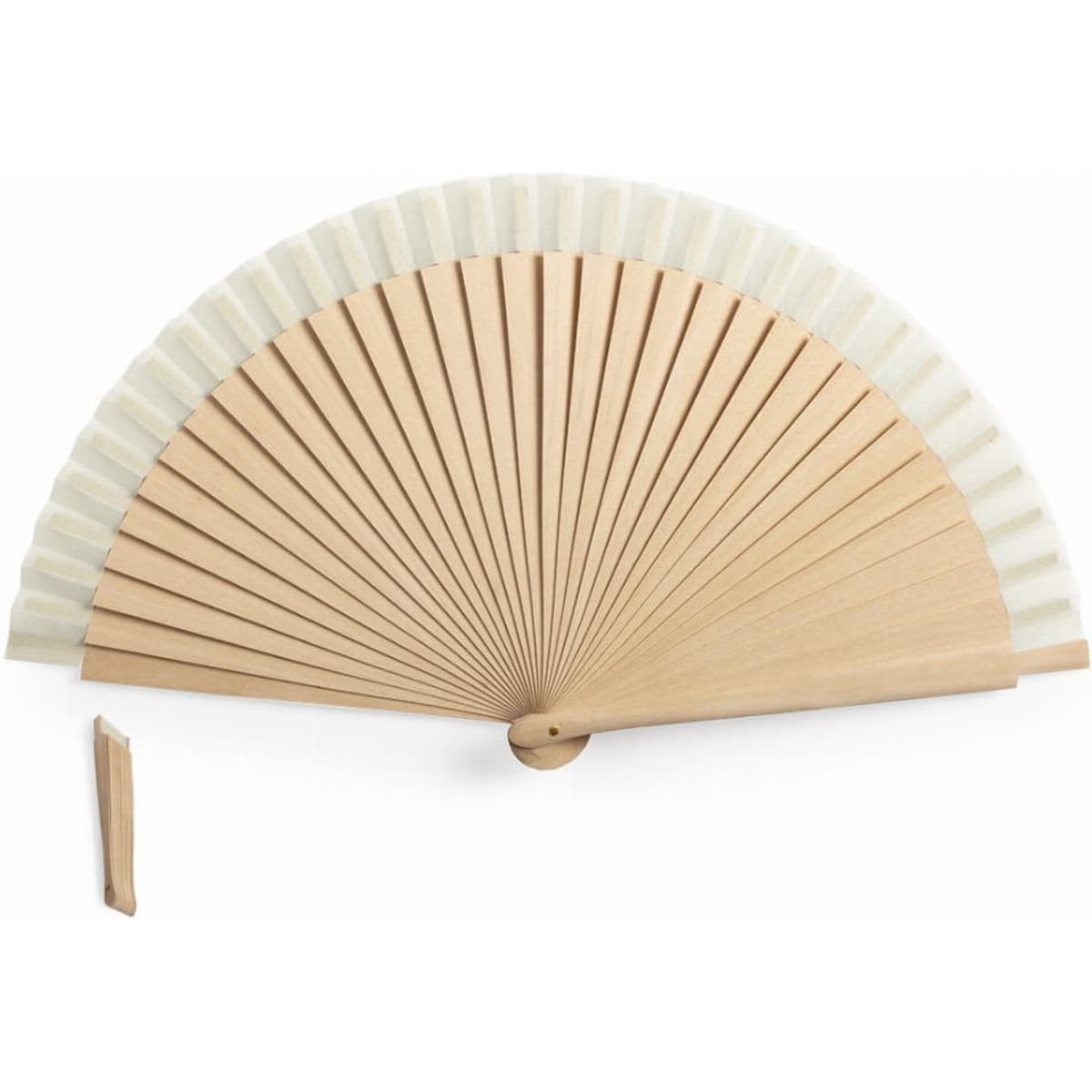 A wooden hand fan with a wide, white pleated fabric surface, featuring a circular pivot in the centre.