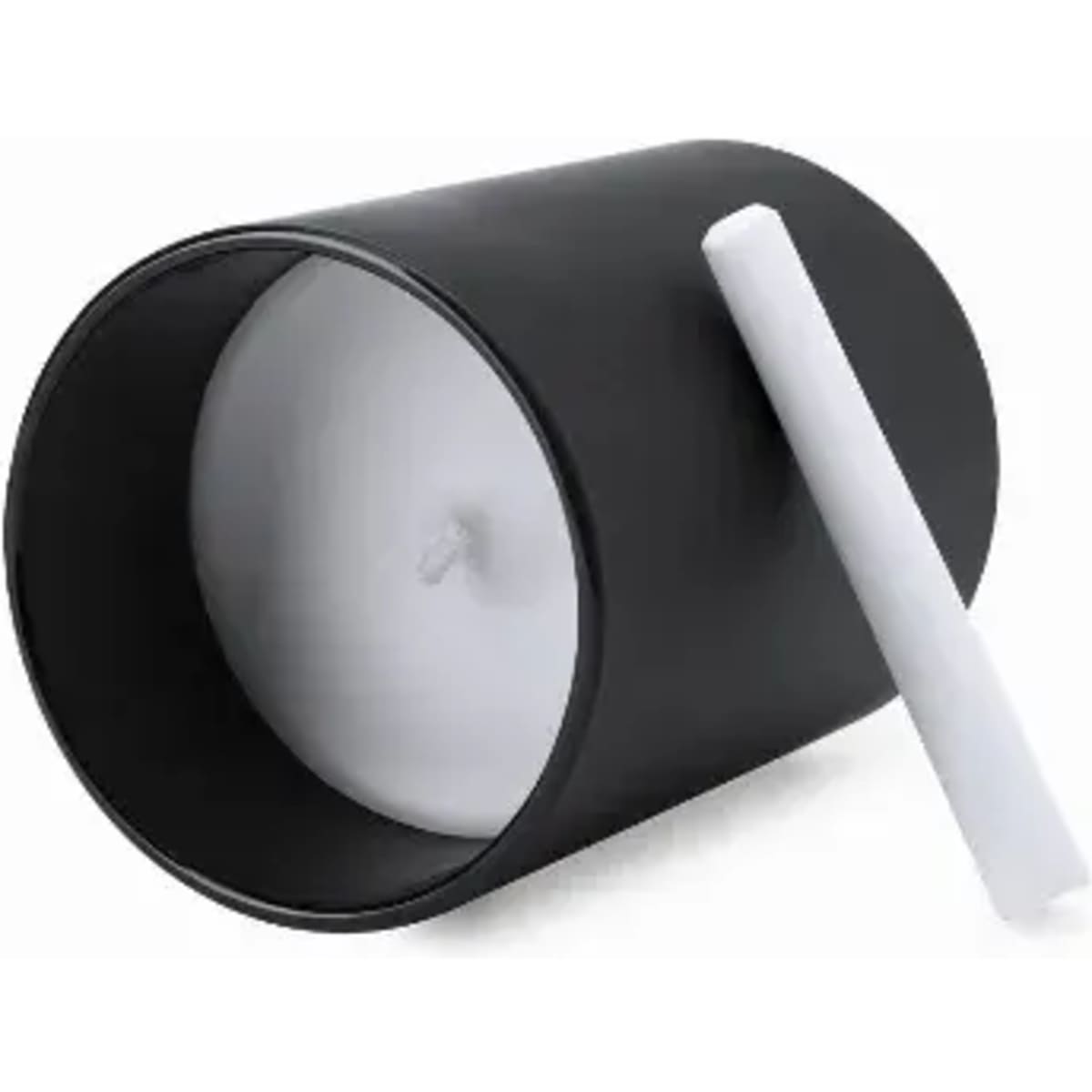 A drink bottle in matte black with a white removable lid, featuring a circular design and internal compartment.
