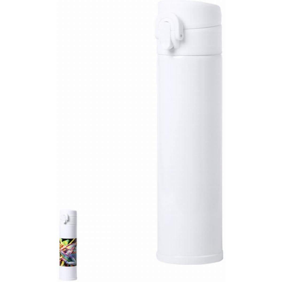 A drink bottle in white with a vibrant, decorative design on one side and a flip-top lid.