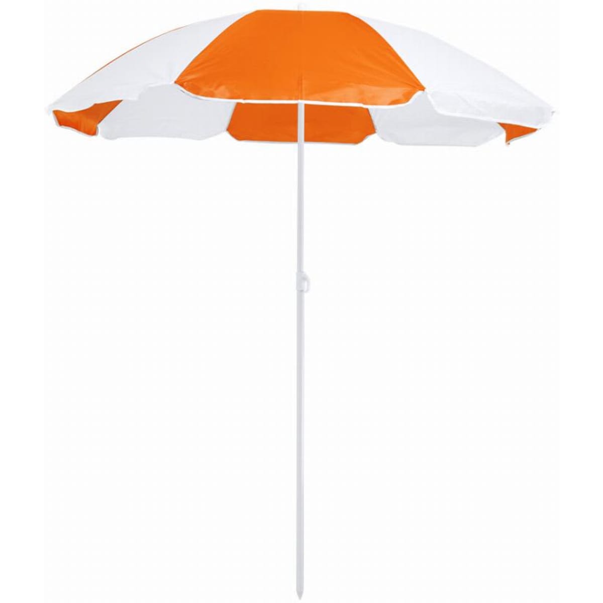 A beach umbrella featuring alternating orange and white panels, supported by a white pole.