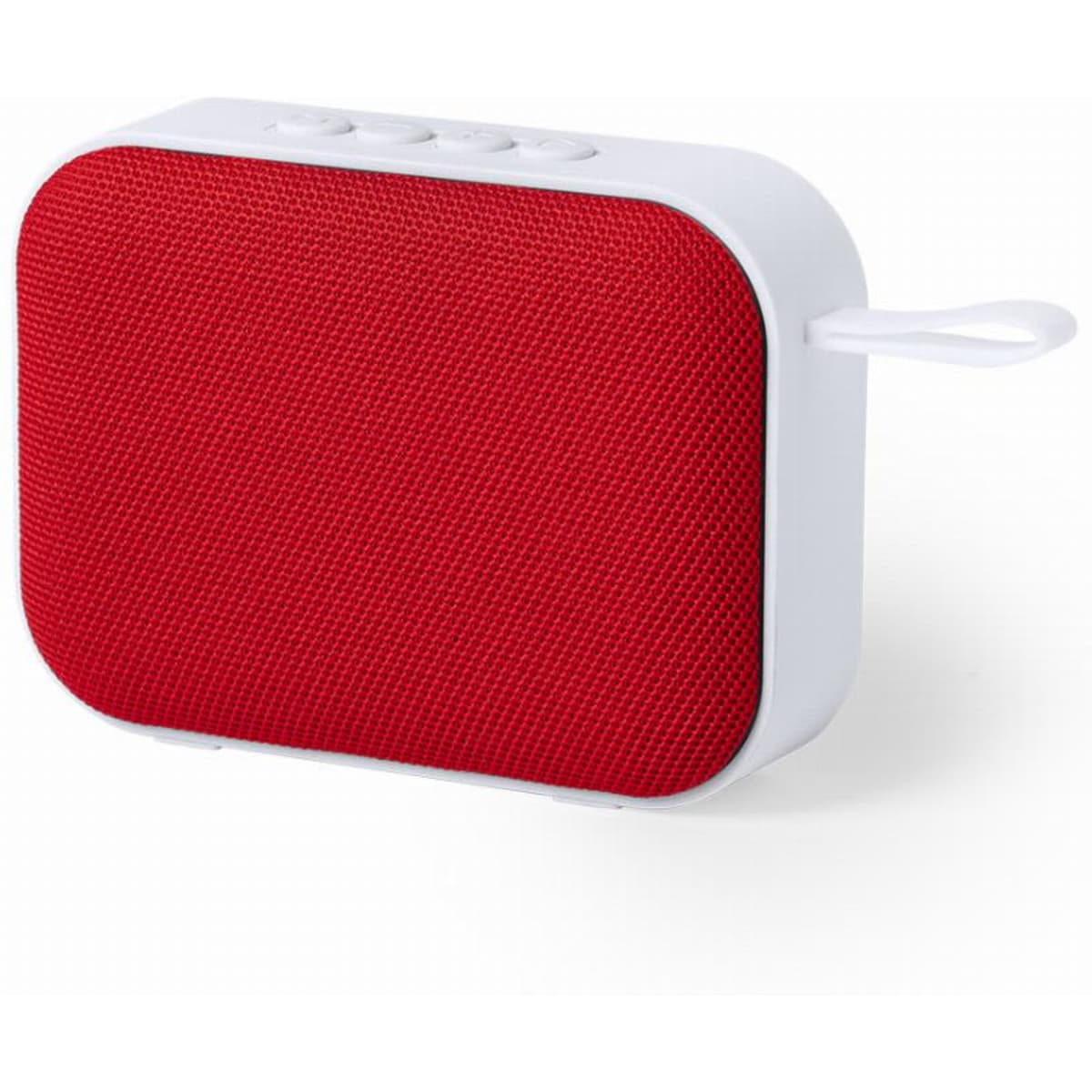 A portable speaker in red with a white frame and buttons on top, featuring a loop for easy carrying.