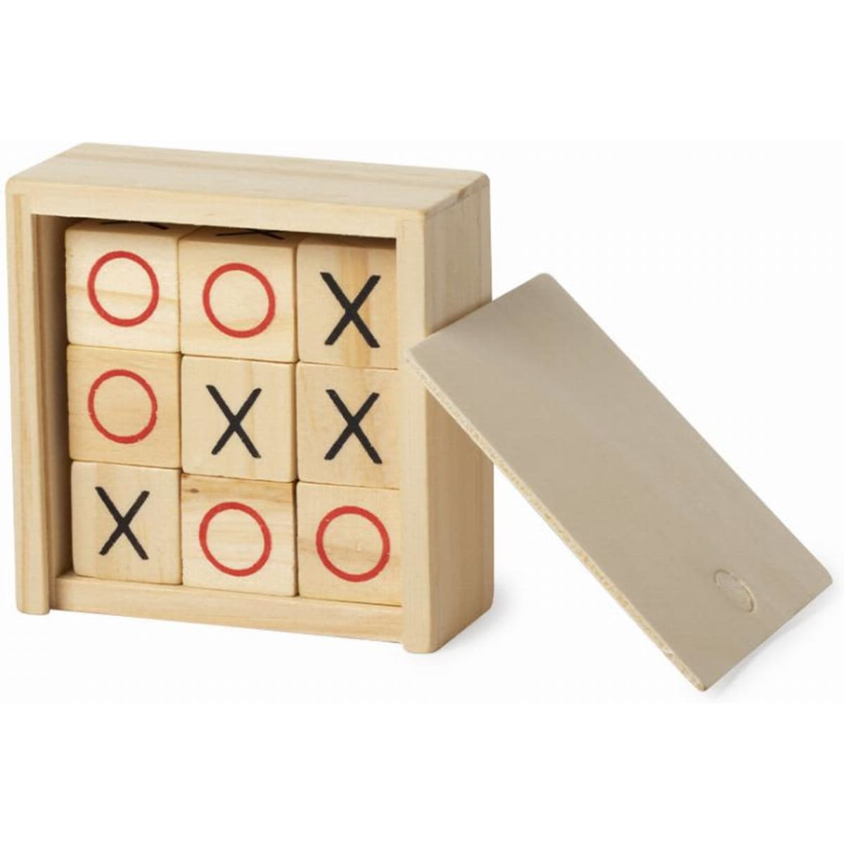 A wooden tic-tac-toe game set in a box, featuring red and black Xs and Os on the blocks.