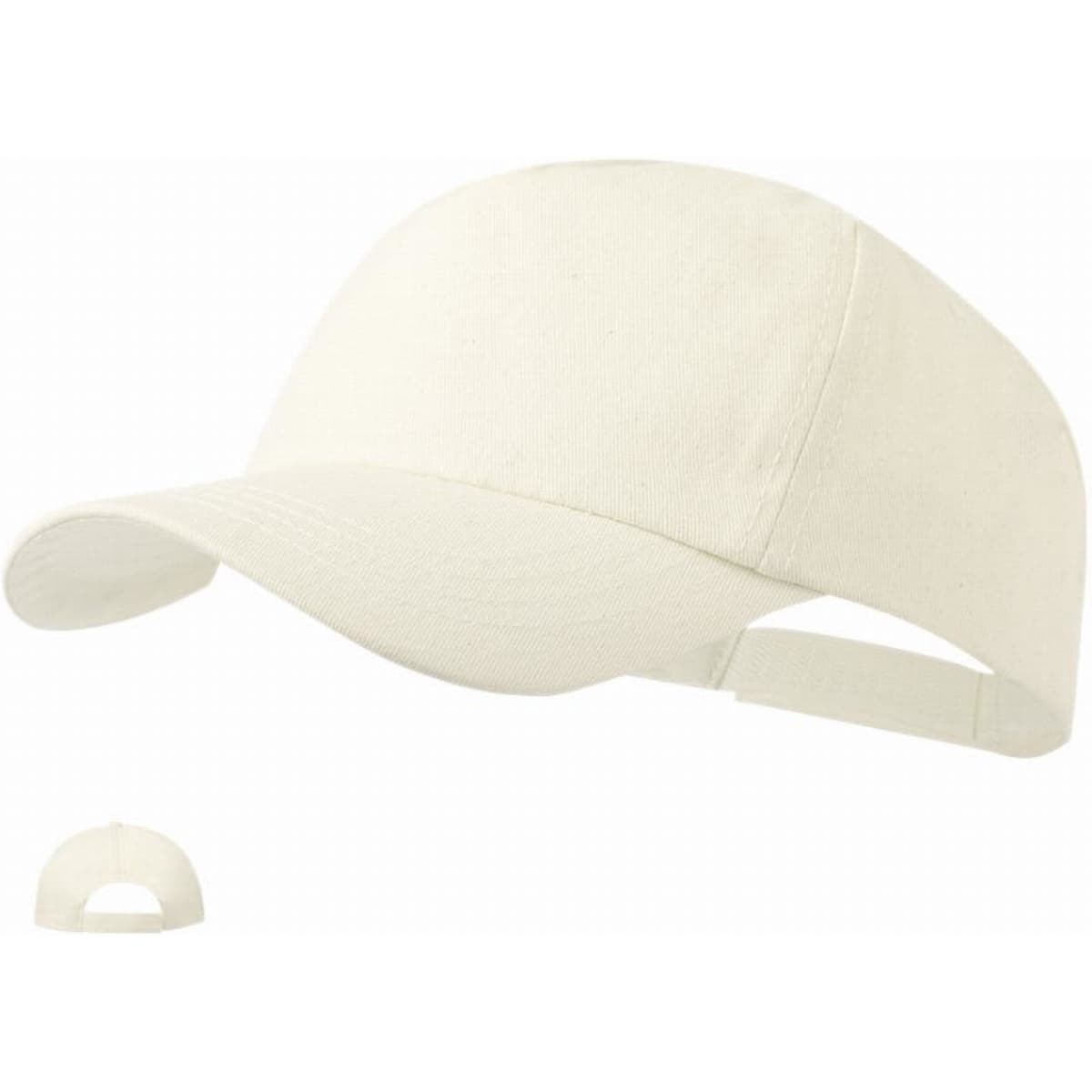 A white cap with a curved brim and an adjustable strap at the back, featuring a branding logo.