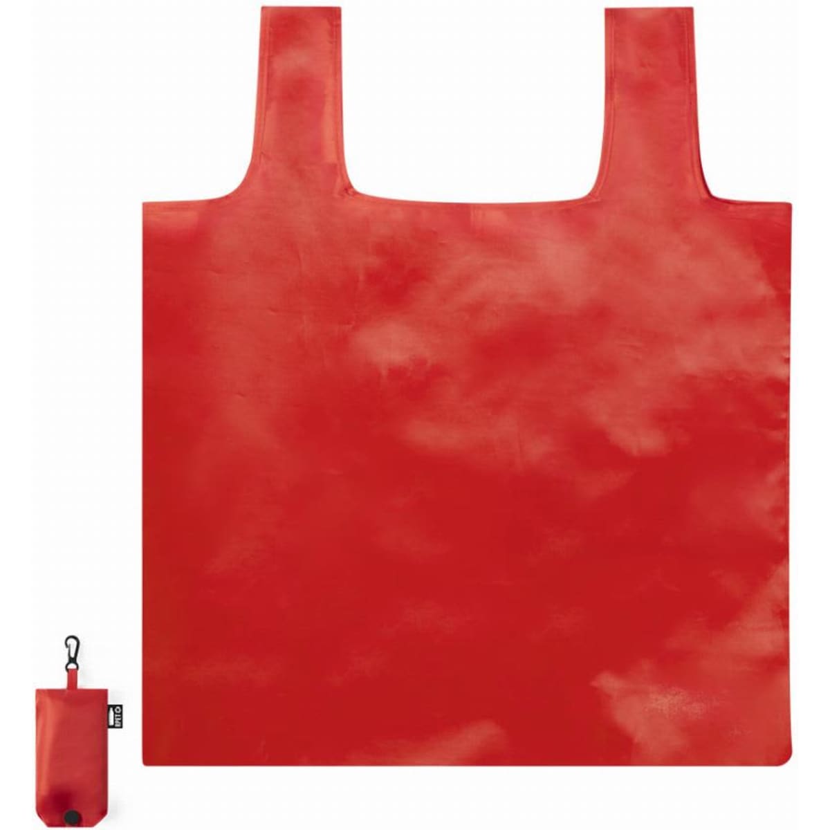 A red foldable tote bag with two handles, accompanied by a small pouch for storage.
