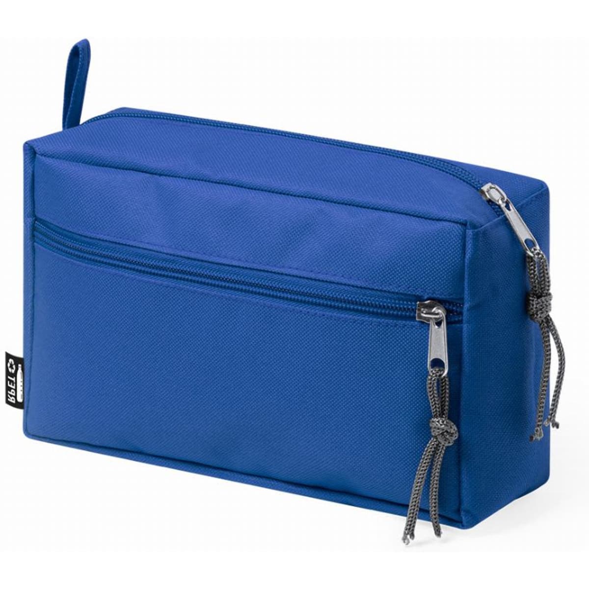 A blue rectangular toiletry bag with a zip closure and an additional front pocket. The bag has a textured surface.