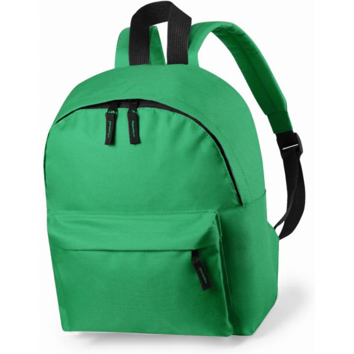 A green backpack with two zipped compartments and black straps. It features a front pocket and a simple design.