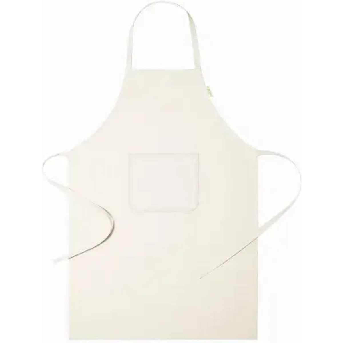 A cream-coloured apron featuring a front pocket and long ties for fastening. It has a simple, plain design.