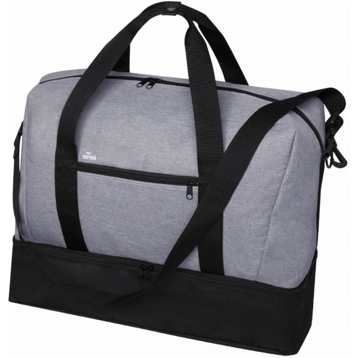 A grey and black duffle bag with multiple compartments and sturdy handles, featuring a logo.