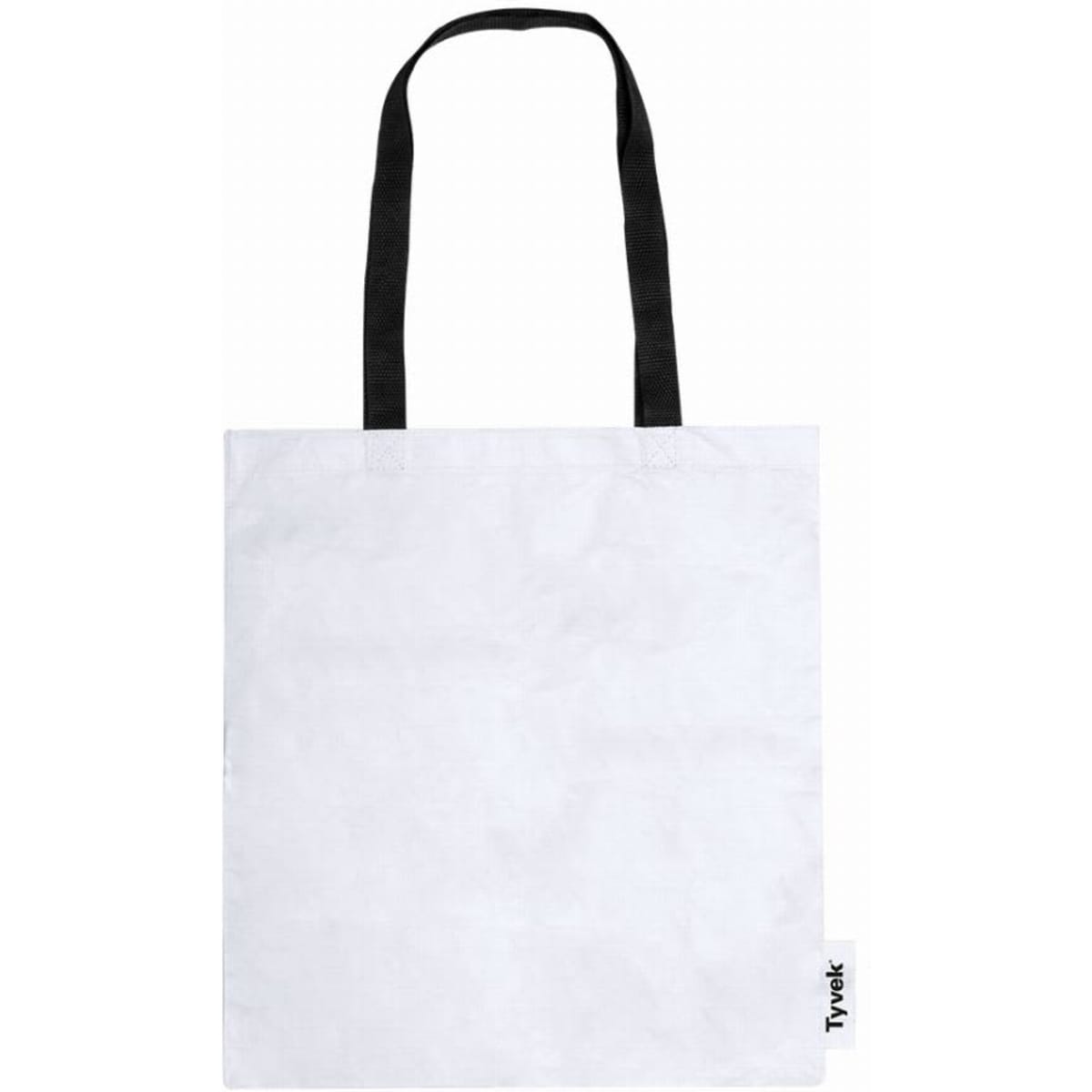 A tote bag with a plain white body and black handles, featuring a tag on the side.