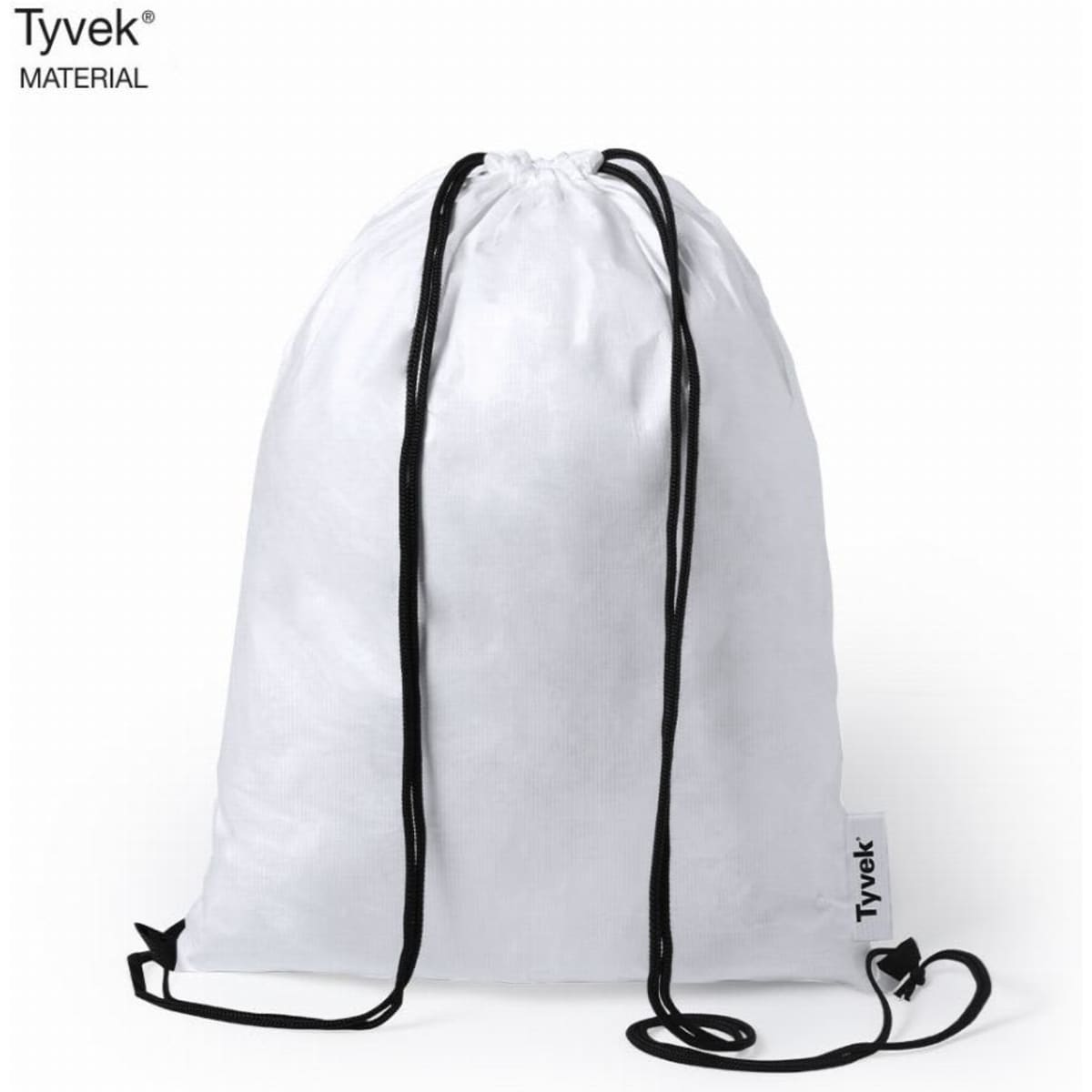 A drawstring bag made of white Tyvek material with black straps and a logo tag.