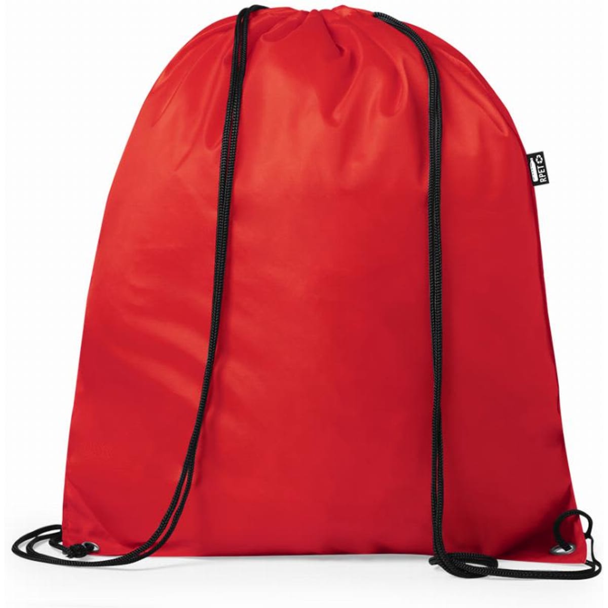 A drawstring backpack in bright red with black cords and a logo on the side.
