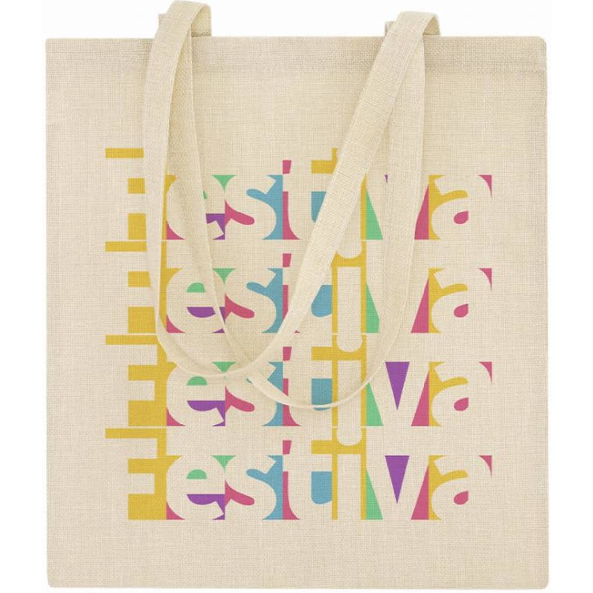 A tote bag in a natural beige colour featuring a multicoloured 'Festival' design and two sturdy straps.