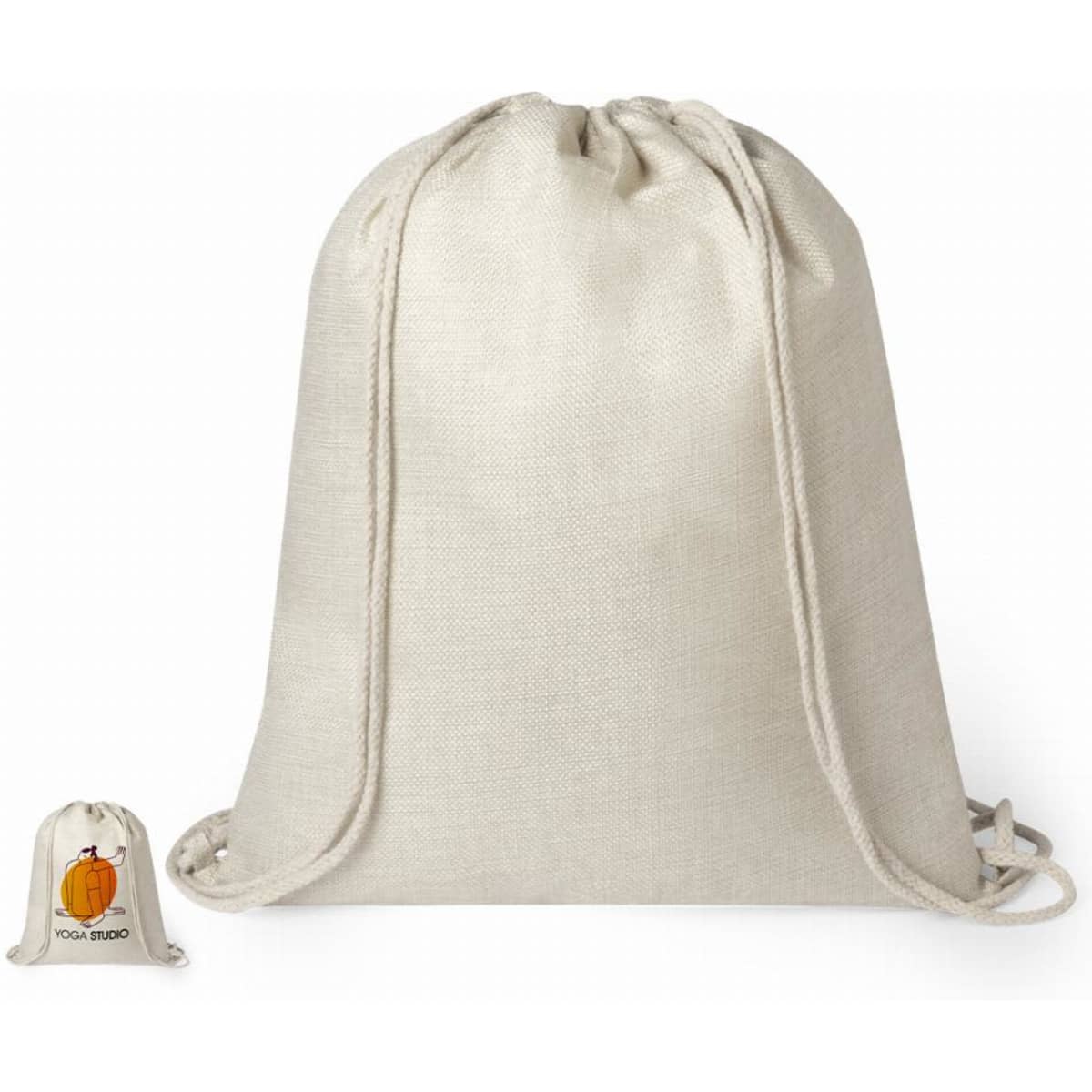 A drawstring bag in a light beige colour with a natural fabric texture and a logo on a smaller bag.