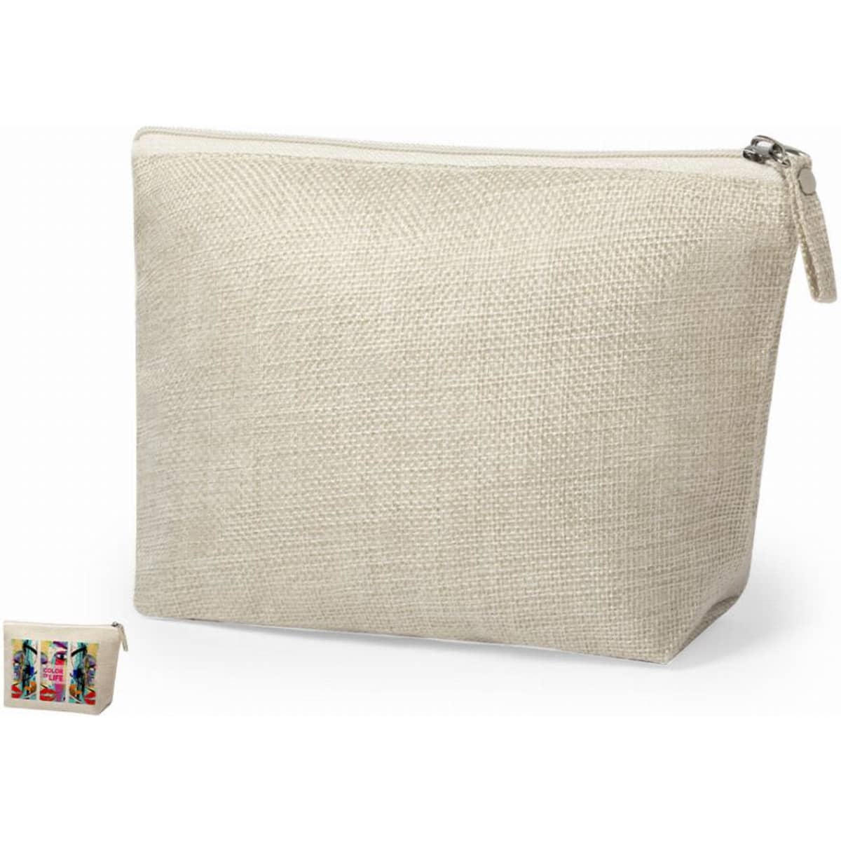A natural-coloured pouch with a zip closure, made from textured fabric. It has a simple design and no visible branding.