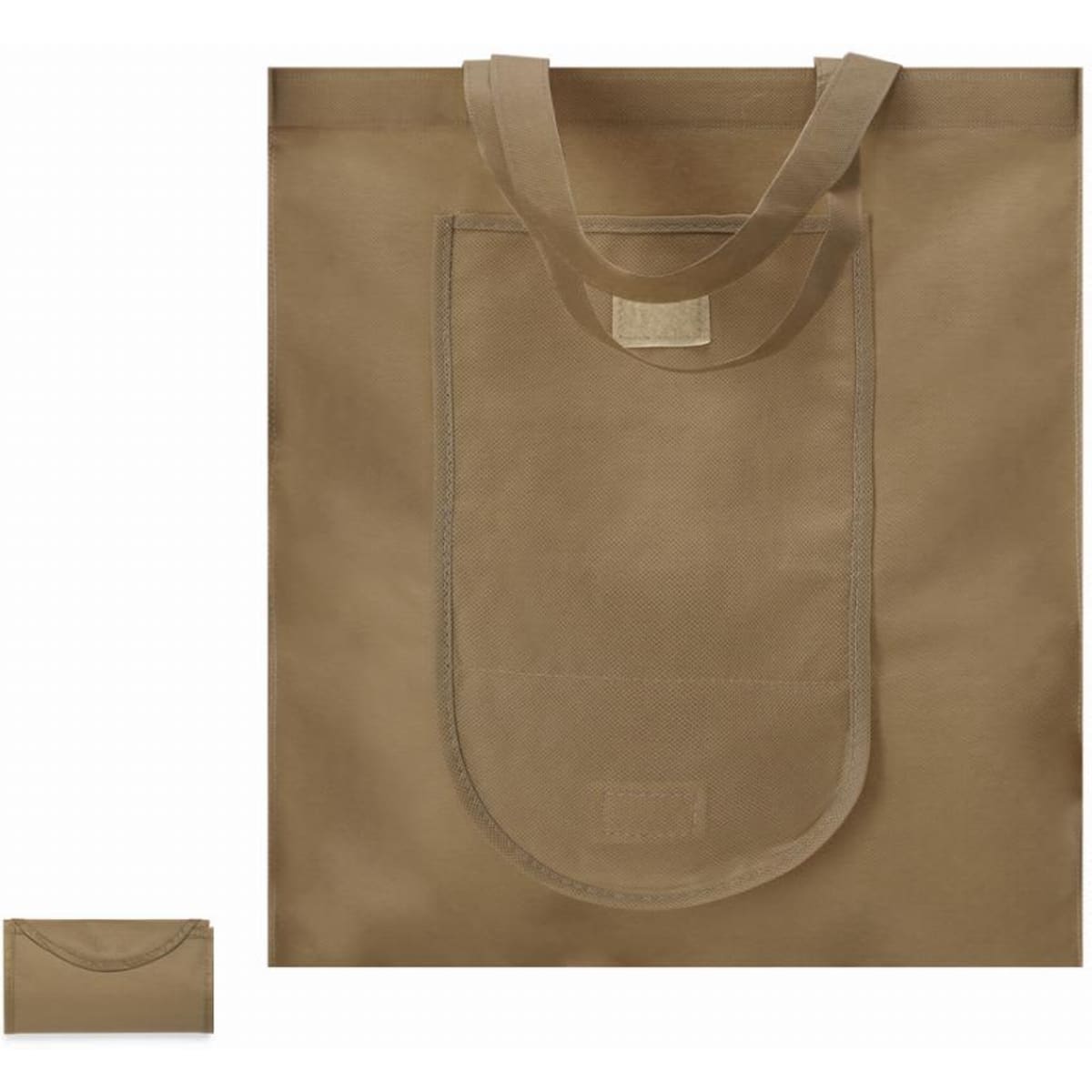 A tote bag in a tan colour featuring two straps and a front pocket. It includes a smaller, folded version.