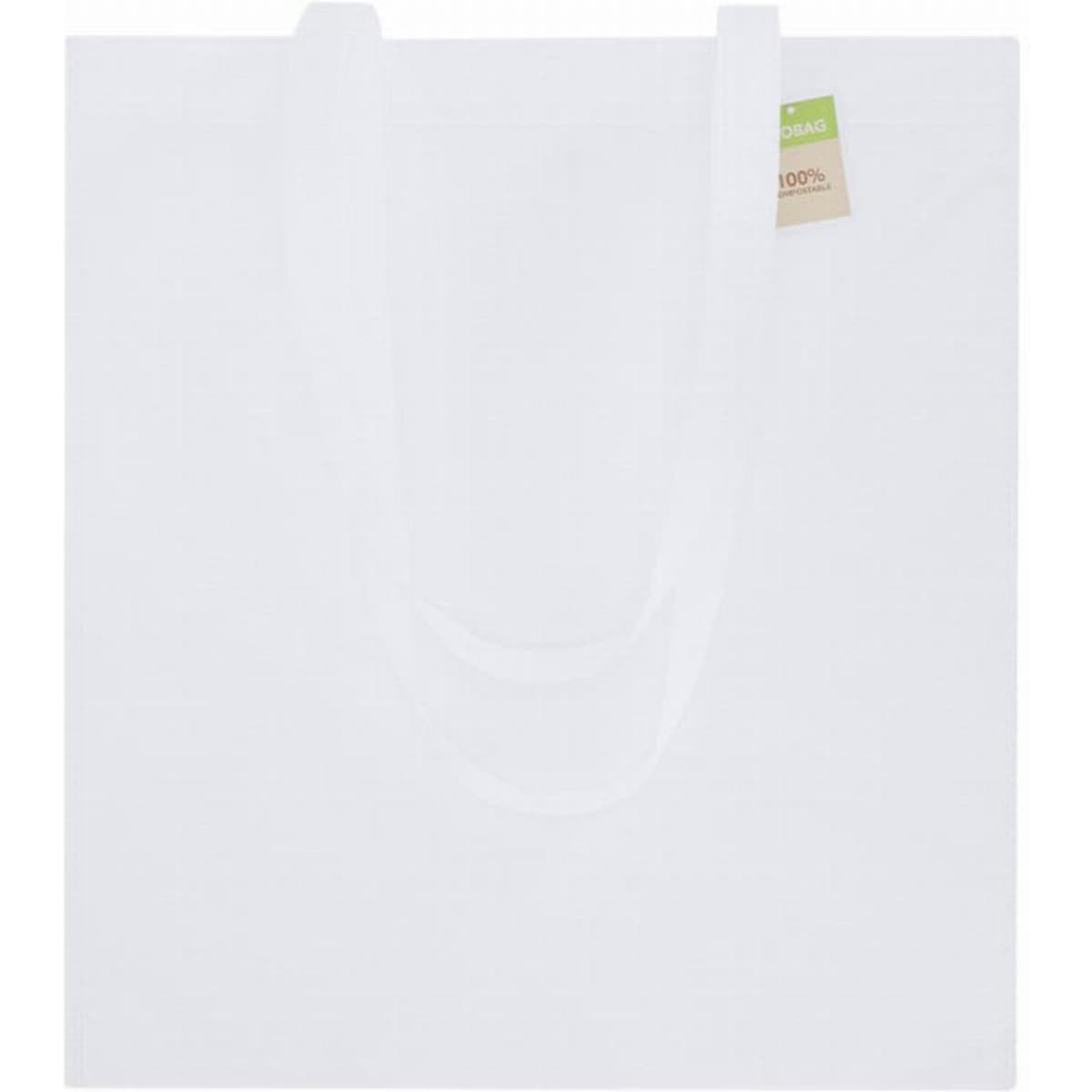 A white tote bag with two handles, made from 100% recyclable material, featuring a small tag.
