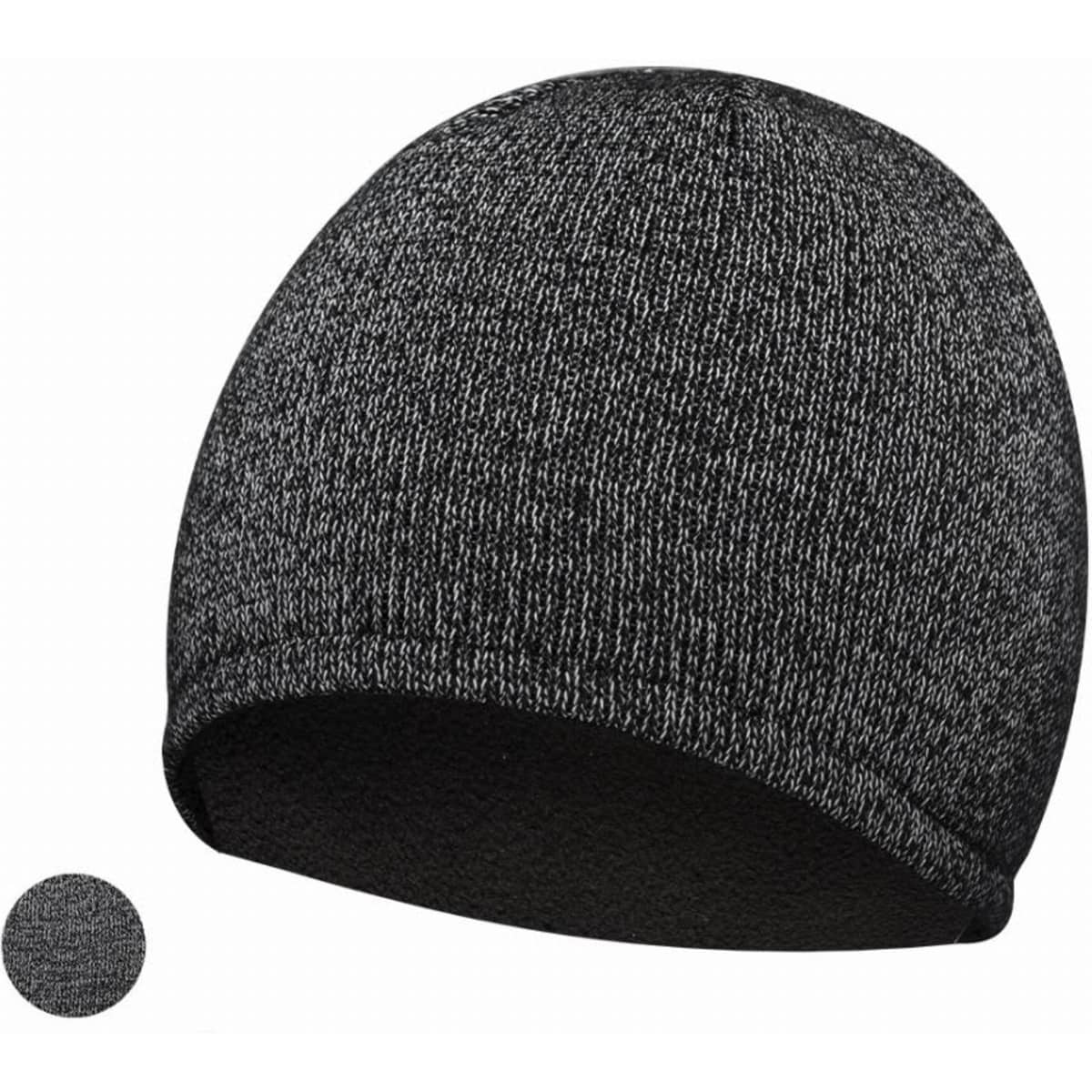 A beanie in a dark grey and black knitted design, featuring a simple, smooth finish and a small logo.