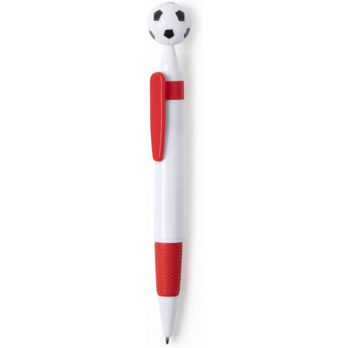 A pen with a white body and red grip, topped with a small black and white soccer ball.