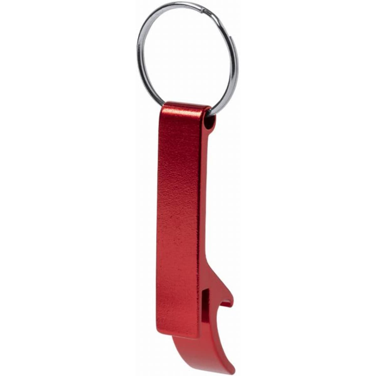A red metal bottle opener with a keyring attachment. The design is sleek and compact, suitable for everyday use.